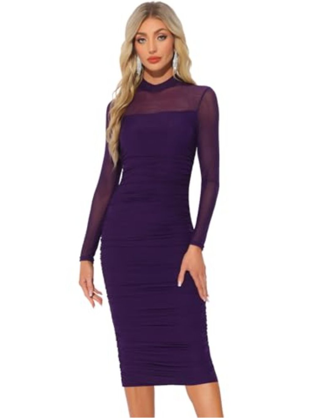 Long Sleeve Mock Neck Ruched Bodycon Dress with Mesh & Zipper Back